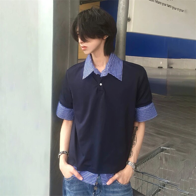 得物抖音高品质二开 夏季美式潮牌高街假两件格子衬衣翻领短袖T恤图片