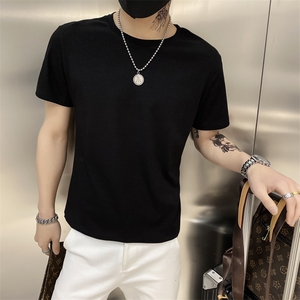 黑色2021店主风精神小伙修身男纯色短袖T恤社会tT089-P20特控38图片