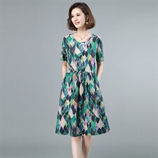 2021年夏季中长款通勤韩版套头A字裙民族风连衣裙印花高腰裙短袖，女装连衣裙，伊满意