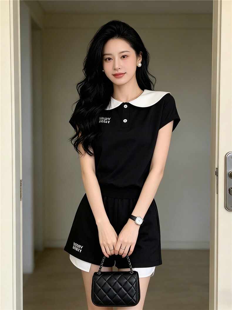 欧洲站时尚气质套装女夏季新款撞色海军领收腰短袖上衣短裤两件套,女装套装/套裙,江南