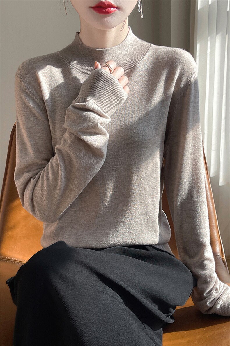 软糯百搭半高领针织打底衫女2025新款精纺细毛薄长袖内搭套头毛衣,女装羊毛衫,总能电商供货