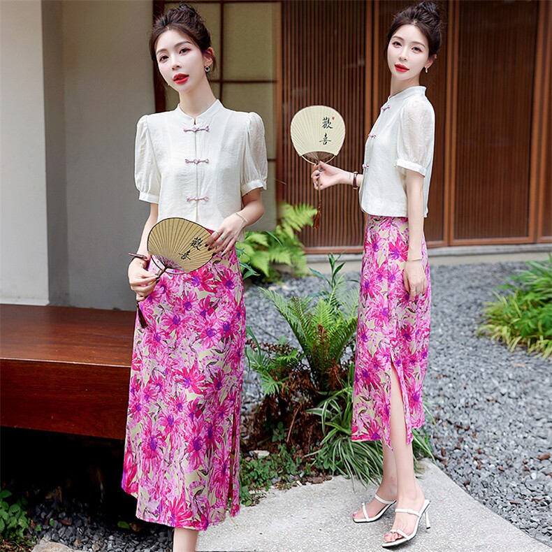新中式国风套装女2023夏季新款高端禅意盘扣上衣印花半身裙两件套，女装套装/套裙，润尚靓点