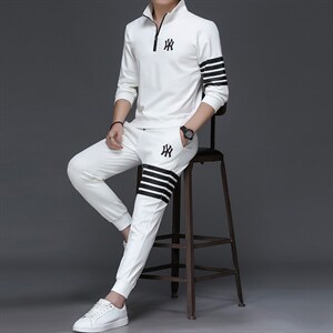 男士刺绣卫衣套装春秋季两件套翻领套头商务休闲服中年运动套装图片