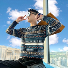 AM309/P85控115冬季社会小伙民族风百搭保暖撞色打底毛衣男黑咖首，男装T恤，星座305B-1