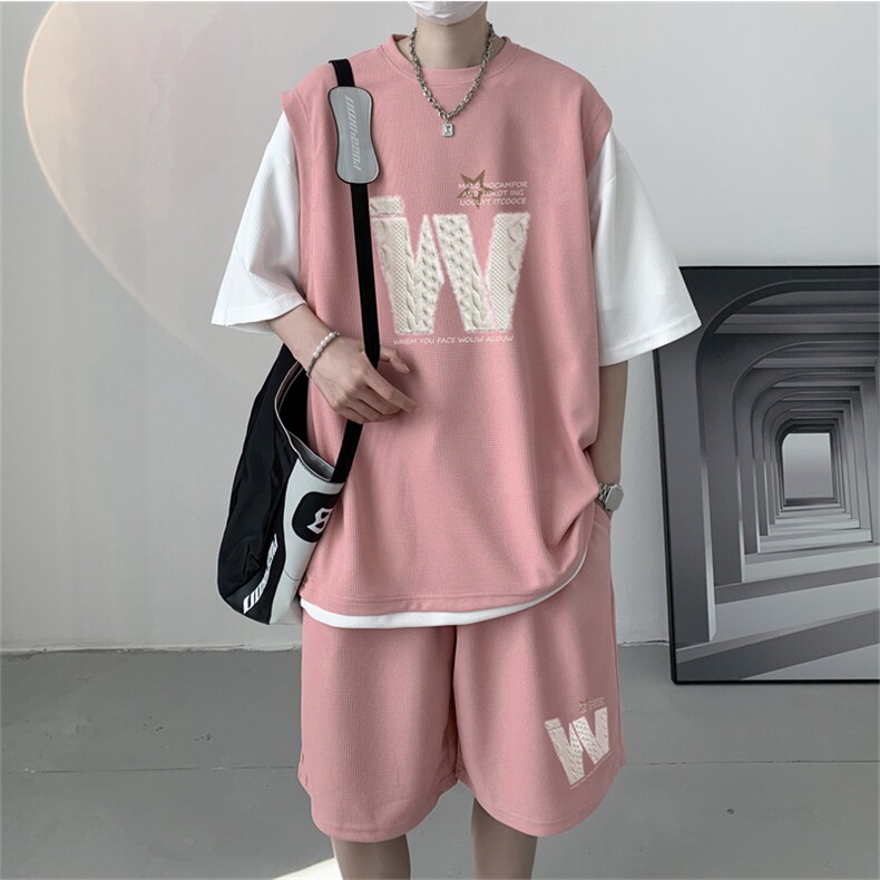 华夫格套装潮流休闲短袖短裤两件套FTZ3076-P55控78，男装休闲套装，电商B370