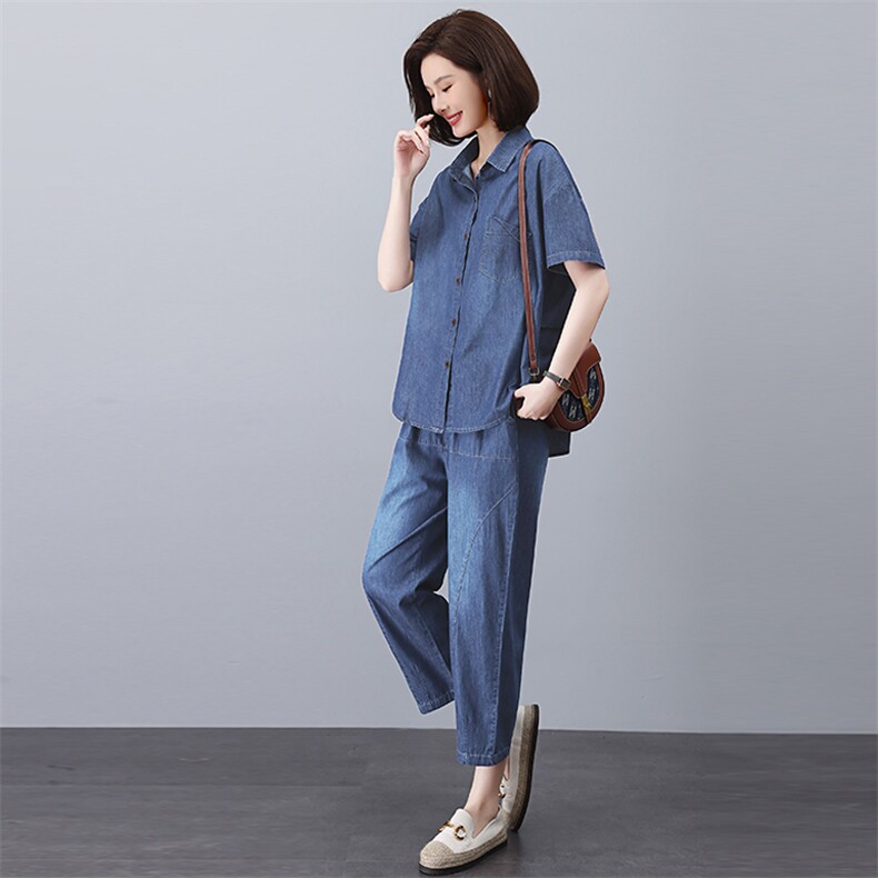时尚休闲牛仔套装女夏季宽松显瘦两件套,女装套装/套裙,悦见她