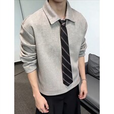 美式复古polo翻领卫衣男款春季老钱风领带长袖上衣宽松学院风外套，女装短外套，星座715-4