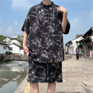 量大优供视频新风竹叶印花冰丝短袖短裤套装男 TZ2403-特P50图片