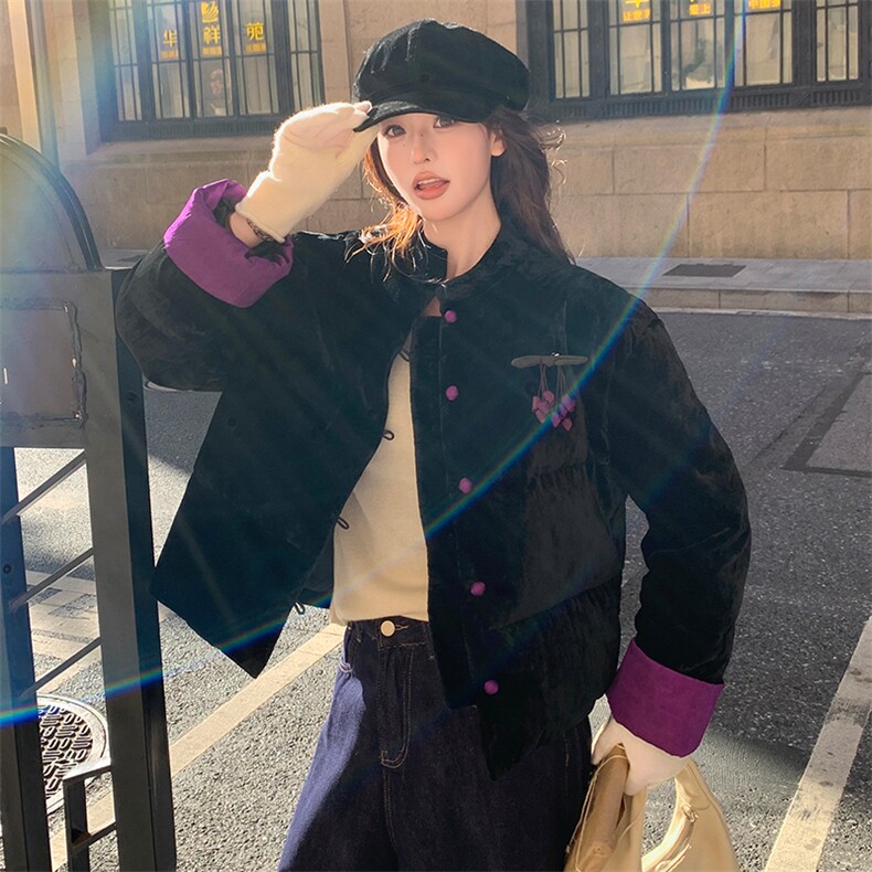 现货！（90新标带检）丝绒料新中式短款立领加厚保暖气质羽绒服女，女装羽绒服，浙宝189