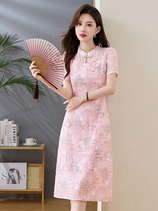 新中式国风印花连衣裙女2025夏季小个子修身优雅气质改良旗袍裙子图片