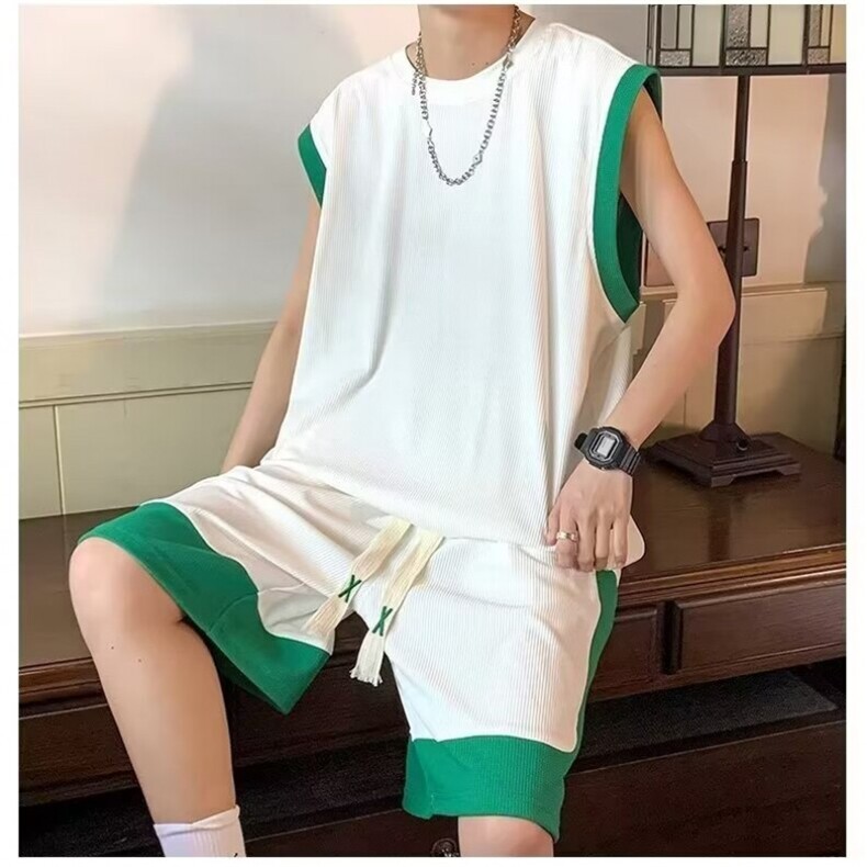 W331-P45冰丝运动套装2025夏季男生酷帅一套休闲短裤背心两件套,男装牛仔裤,星座911-1