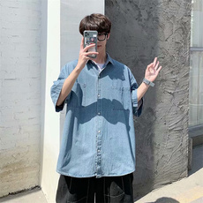 牛仔短袖衬衫男夏季薄款潮流五分袖衬衣ins百搭宽松外套CS124-P40，男装衬衫，星座1008