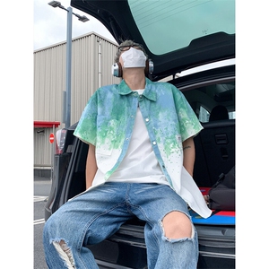 扎染短袖衬衫男生夏季薄美式高街水洗渐变情侣炸街五分袖衬衣外套