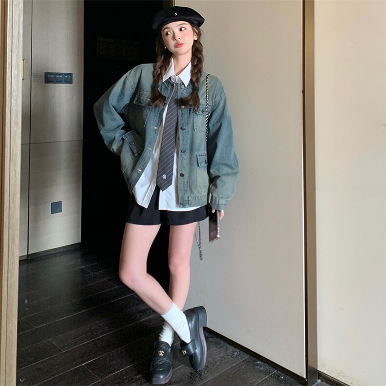 港风复古牛仔外套女2024春秋新款设计感宽松休闲工装圆领夹克上衣,女装牛仔外套,纯色衣恋