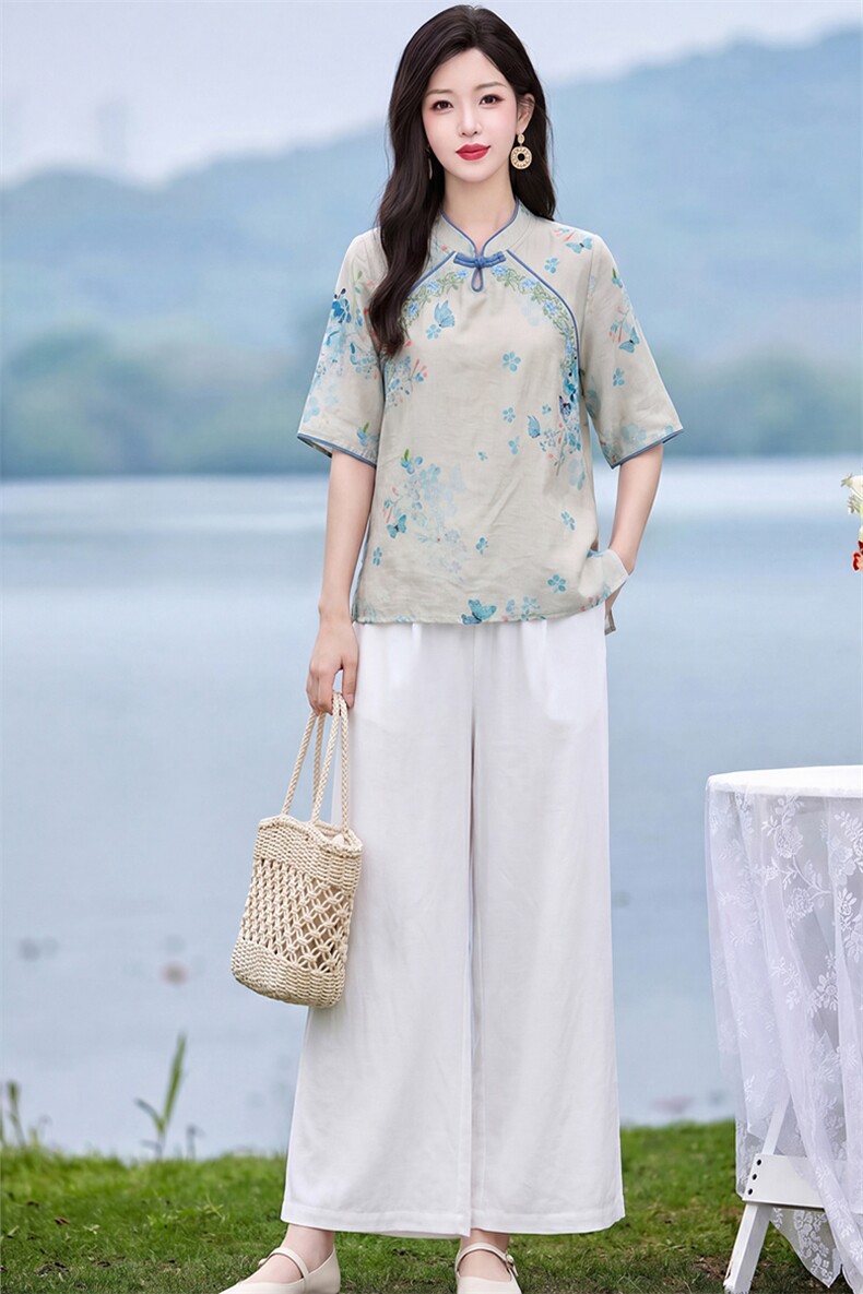 现货秒发新中式套装绣花女夏季新款气质显瘦复古盘扣两件套阔腿裤,女装套装/套裙,韩蔻秀