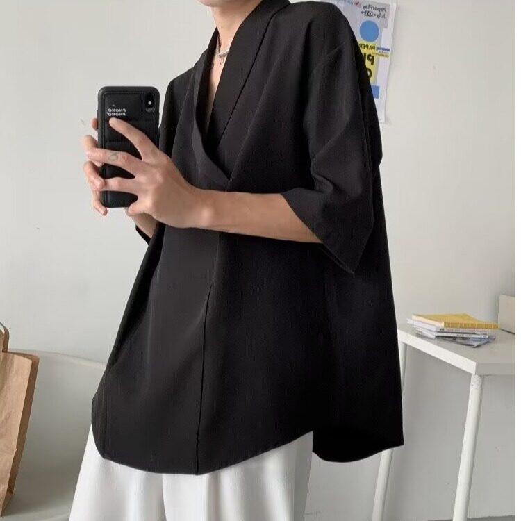 T02-P32夏季V领垂坠感短袖衬衫男潮牌慵懒风高级感港风宽松,男装T恤,电商B323A