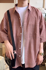 夏季情侣装格子衬衫宽松BF风短袖百搭衬衣CS03/，男装衬衫，电商D202