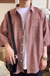 夏季情侣装格子衬衫 宽松BF风短袖百搭衬衣 CS03/图片