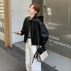 减龄条纹拼接短皮衣外套女春秋2025新款小个子流行爆款独特超好看，女装皮衣，2D013