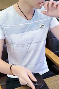 款5026男士短袖t恤V领潮流韩版修身半袖鸡心领帅气条纹夏装图片