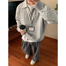 2524-P60美拉德色系慵懒风假两件毛衣老钱风双层领翻领，男装针织衫/毛衣，电商B323A