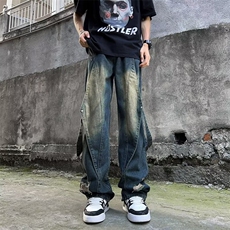 重工拼接阔腿牛仔裤子水洗绑带设计感直筒宽松工装裤N763，男装牛仔裤，星座1116A-1（原606A）