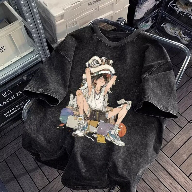 潮舞狮人物印花新款短袖t恤男女夏季宽松街头美式上衣GA536P24,男装T恤,星座1013-5