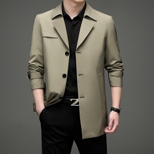 中青年男士2023年春季新款长袖纯色西服领外套商务休闲中长款风衣，男装风衣，电商B212（原钱塘6029）