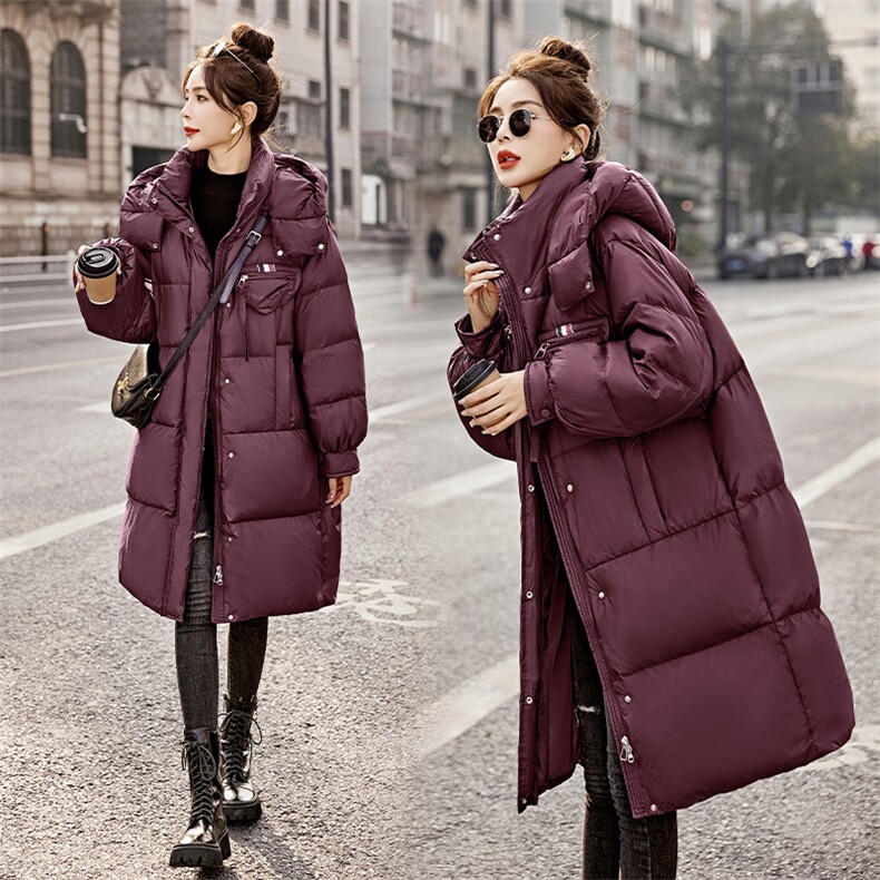 现货2023冬季新款韩版潮牌长款加厚连帽白鸭绒羽绒服，女装羽绒服，伊仟回