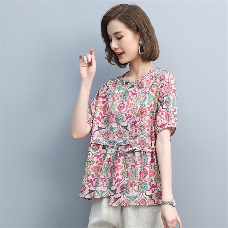 2021夏季新款时尚气质圆领宽松休闲舒适花色上衣，女装T恤，悦见她