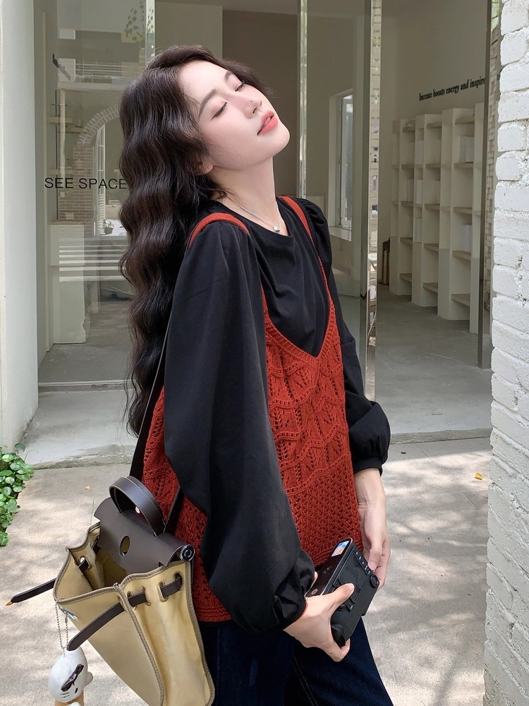 针织镂空背心上衣衬衫叠穿套装女秋巨好看绝美两件套女秋,女装套装/套裙,2B219