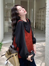 针织镂空背心上衣衬衫叠穿套装女秋巨好看绝美两件套女秋，女装套装/套裙，2B219