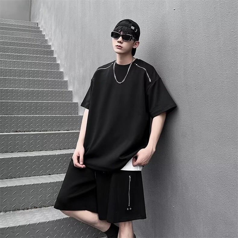 拉链高级感短袖T恤运动短裤两件套男夏季潮牌休闲套装F667,男装牛仔裤,星座1116A-1（原606A）