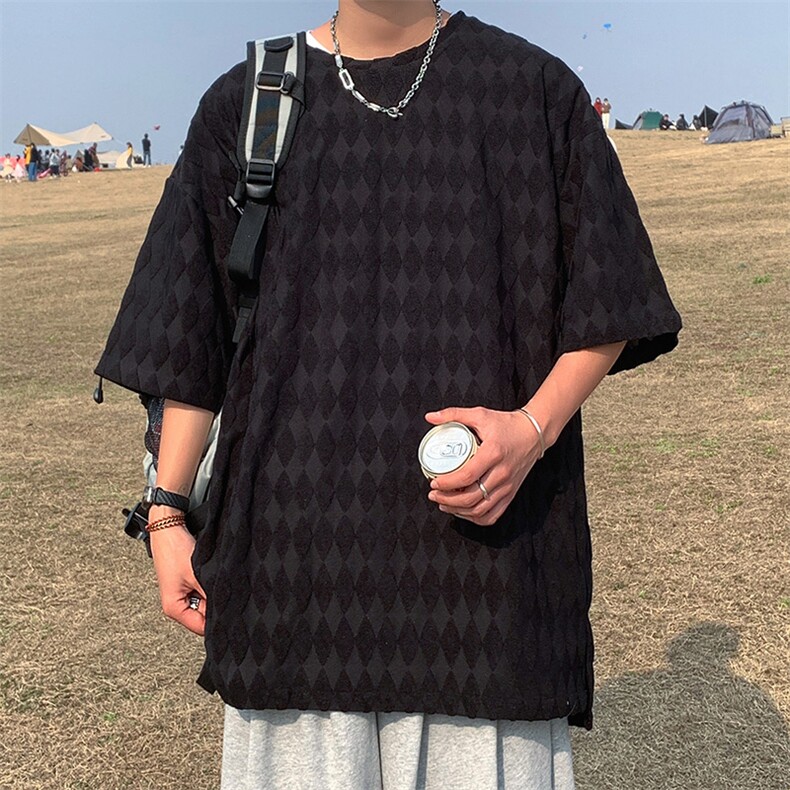 T8043/P30夏季中性风重磅个性菱形格子短袖T恤男大码开叉上衣,男装T恤,电商A141