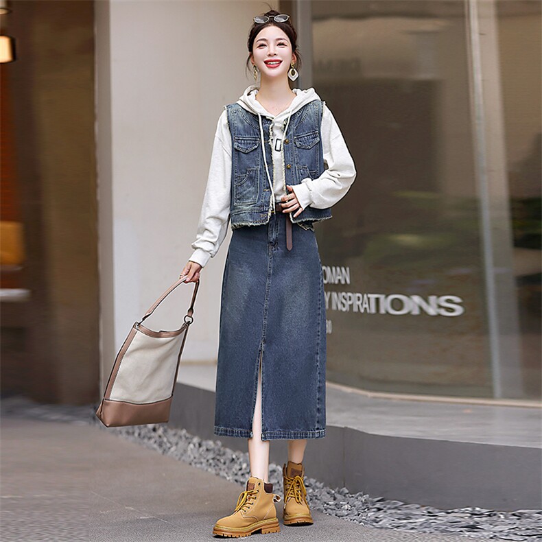 牛仔马甲套装女2025年新款春秋港风复古开叉一步裙子半身裙两件套,女装套装/套裙,意芙