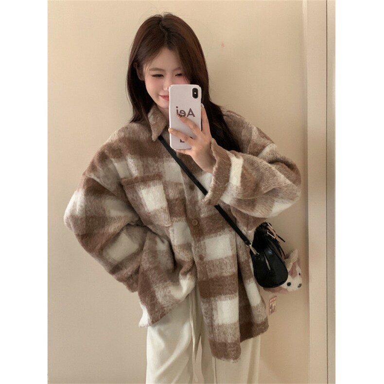 TC1517-P75新款中长款百搭长袖开衫女美拉德格子衬衫外套女秋季,女装衬衫,星座617A-2