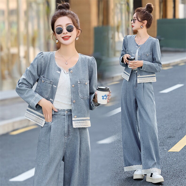 蕾丝拼接牛仔套装女2025春季新款穿搭时尚牛仔外套阔腿长裤两件套,女装套装/套裙,贵人树