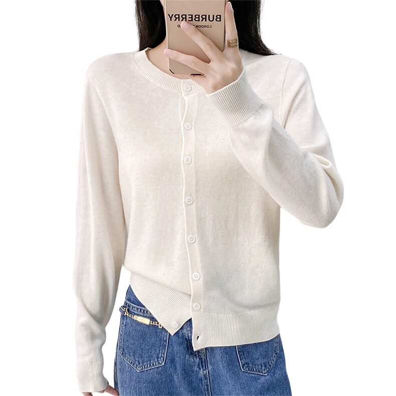 百搭羊毛针织开衫女秋冬新款简约休闲显瘦长袖毛衣外套,女装羊毛衫,米莲尼羊绒