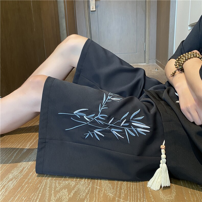 2024夏季新款新中式竹叶刺绣垂感宽松五分裤B315-K24129-p35控48,男装牛仔裤,电商B315