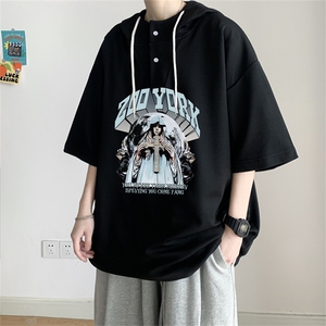 夏季港风冰丝宽松连帽短袖t恤五分体恤上衣TLM3149-P40控58图片