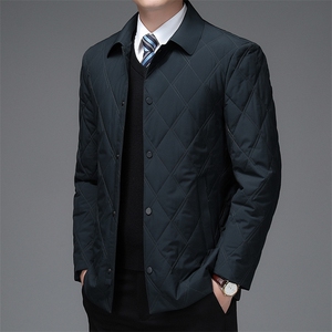 冬季新款男士翻领格子棉服中年商务休闲爸爸装棉衣加厚保暖外套图片
