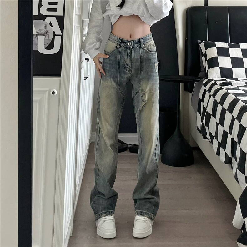 美式复古水洗做旧破洞牛仔裤男女显瘦直筒宽松阔腿长裤G8077-p48图片