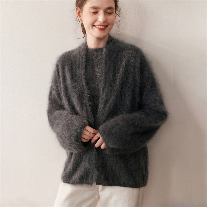慵懒拉绒一粒扣100%纯山羊绒开衫女加厚宽松气质2025秋冬针织外套,针织衫/毛衣,朵沐纯羊绒