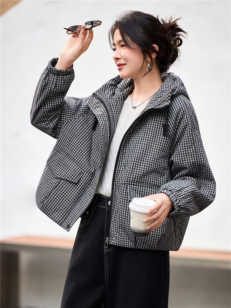 2025年冬季宽松连帽格子加厚棉衣服棉短款外套,女装棉衣/棉服,简韵佳