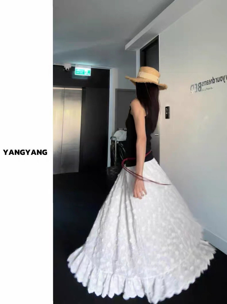 重工立体花朵白色半身裙女春夏韩系裙子高腰显瘦大摆a字长裙子,女装半身裙,织己羊绒