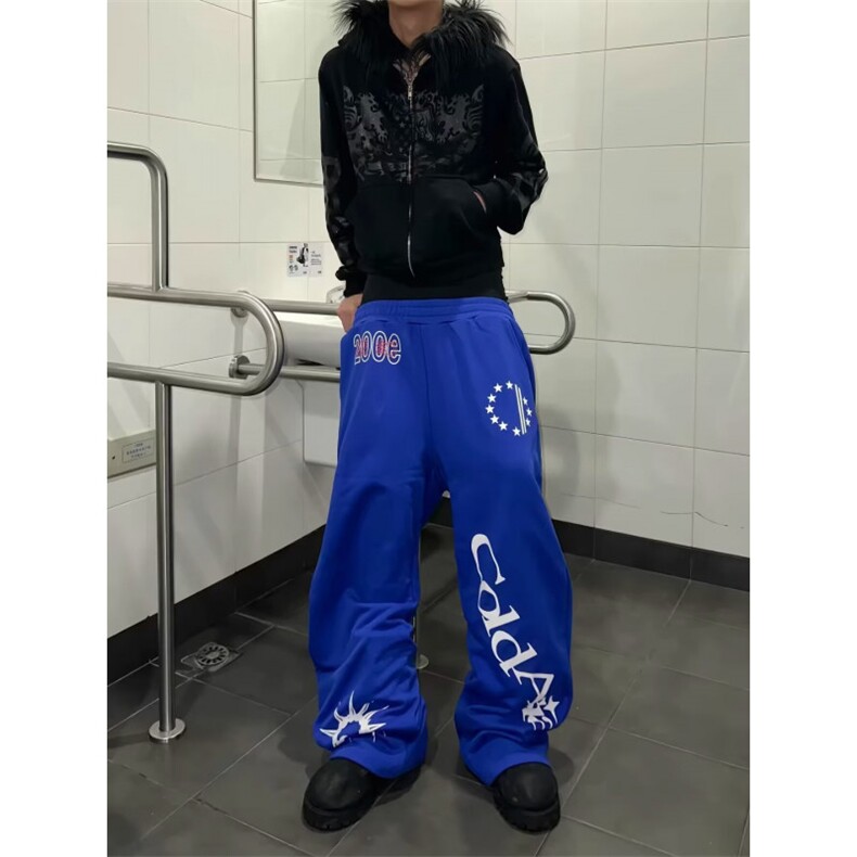 美式街头亚幻蝎子印花蓝色卫裤男女款宽松休闲设计感百搭运动长裤,男装休闲裤,四季星座505