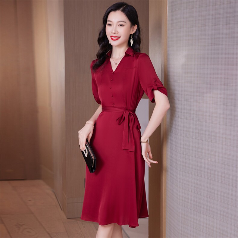 红色重磅真丝连衣裙女夏2025新款收腰显瘦高端缎面中长桑蚕丝裙子，女装连衣裙，阿舍尔精品