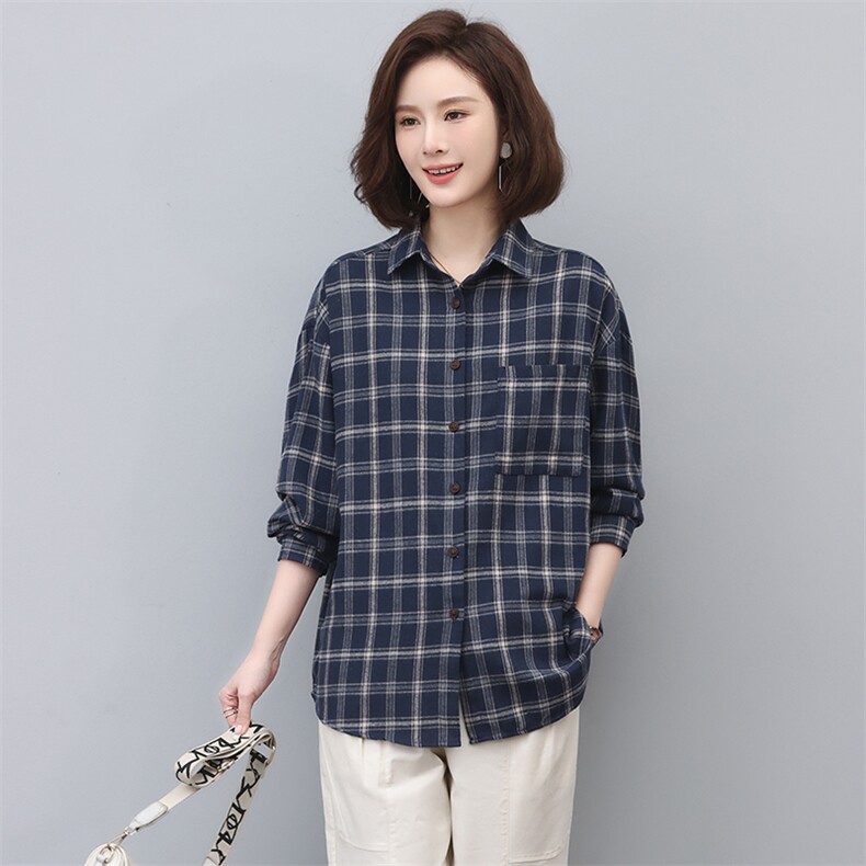 格子衬衫女长袖2025新款春秋季纯棉衬衣中年妈妈小衫上衣,女装衬衫,忆绮罗