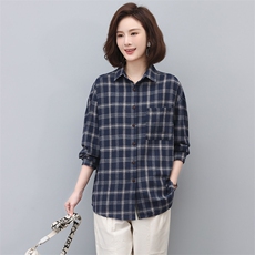 格子衬衫女长袖2025新款春秋季纯棉衬衣中年妈妈小衫上衣，女装衬衫，忆绮罗