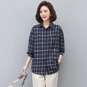 格子衬衫女长袖2025新款春秋季纯棉衬衣中年妈妈小衫上衣图片